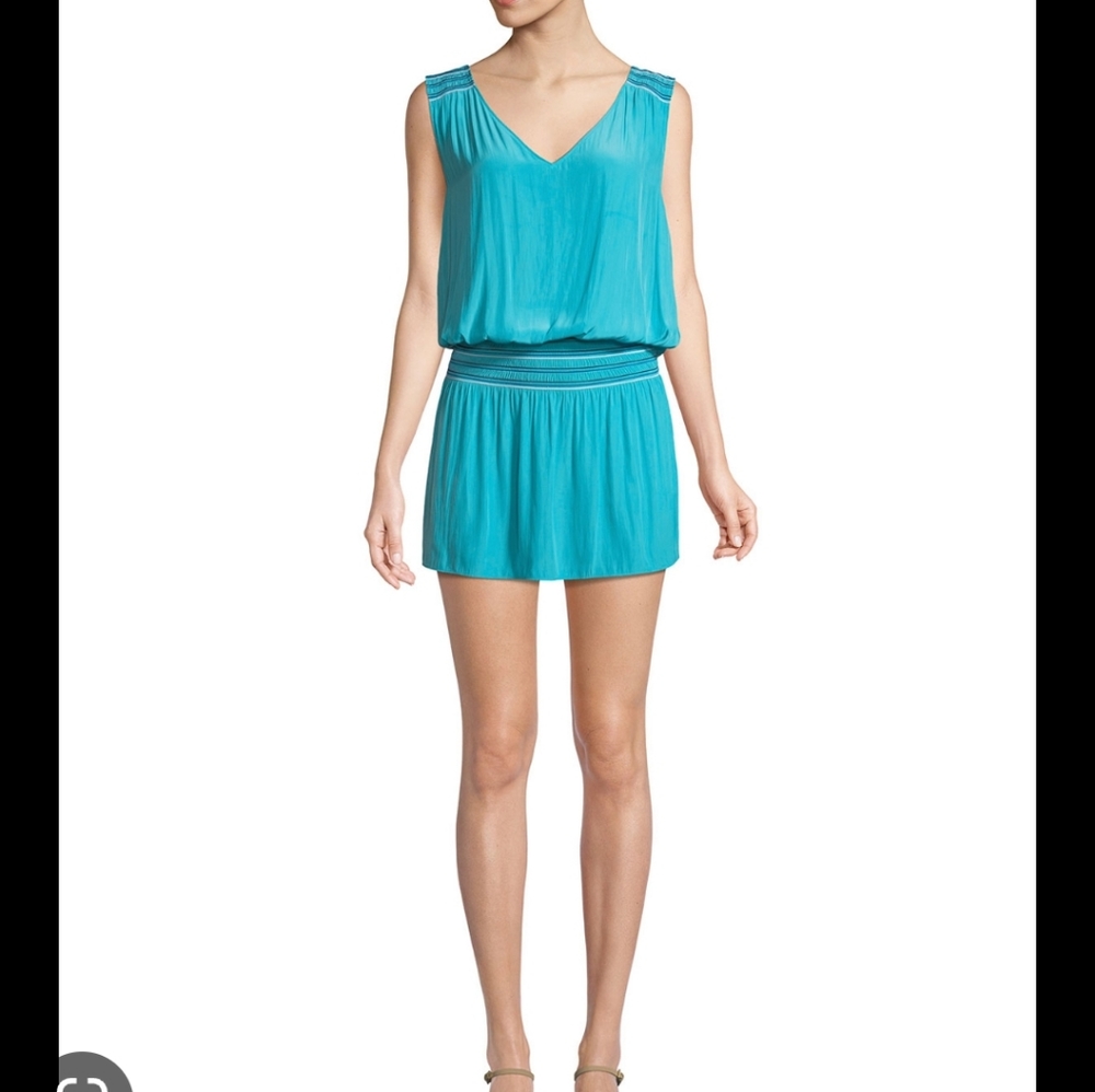 Ramy Brook Dany VNeck Sleeveless Embroidered Mini Dress Smocked Drop Waist Large - Picture 1 of 11